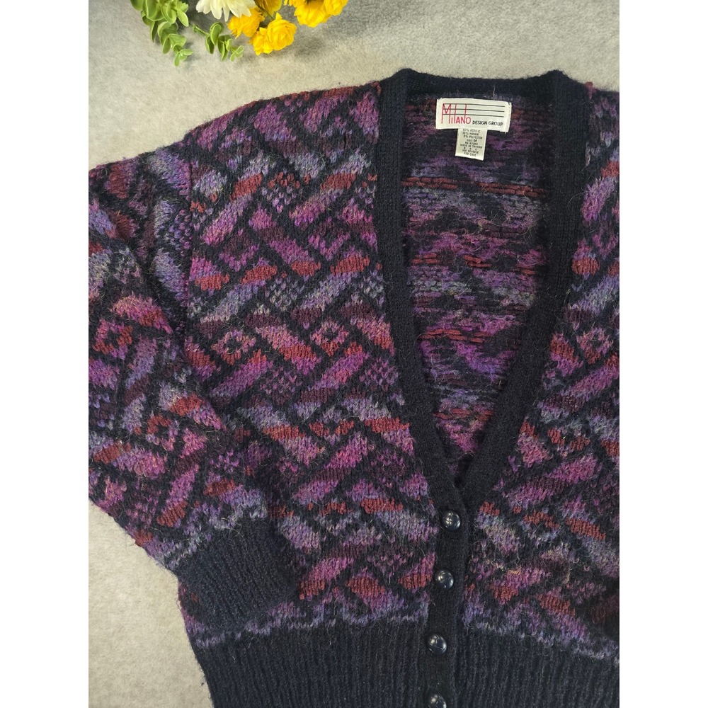 Milano Cardigan Womens Medium Purple Mohair Vintage 80s Geometric Knit Indie